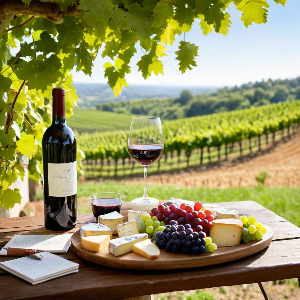 A beautifully arranged wine tasting table set in a sunlit vineyard, featuring an assortment of wine bottles, elegant glasses filled with red and white wine, and a platter of artisanal cheeses and grapes. Lush green vines stretch in the background, while a soft breeze rustles the leaves, creating a tranquil and inviting atmosphere. Include a notepad and pen for notes, adding a touch of sophistication. painting. vibrant colors. natural lighting.