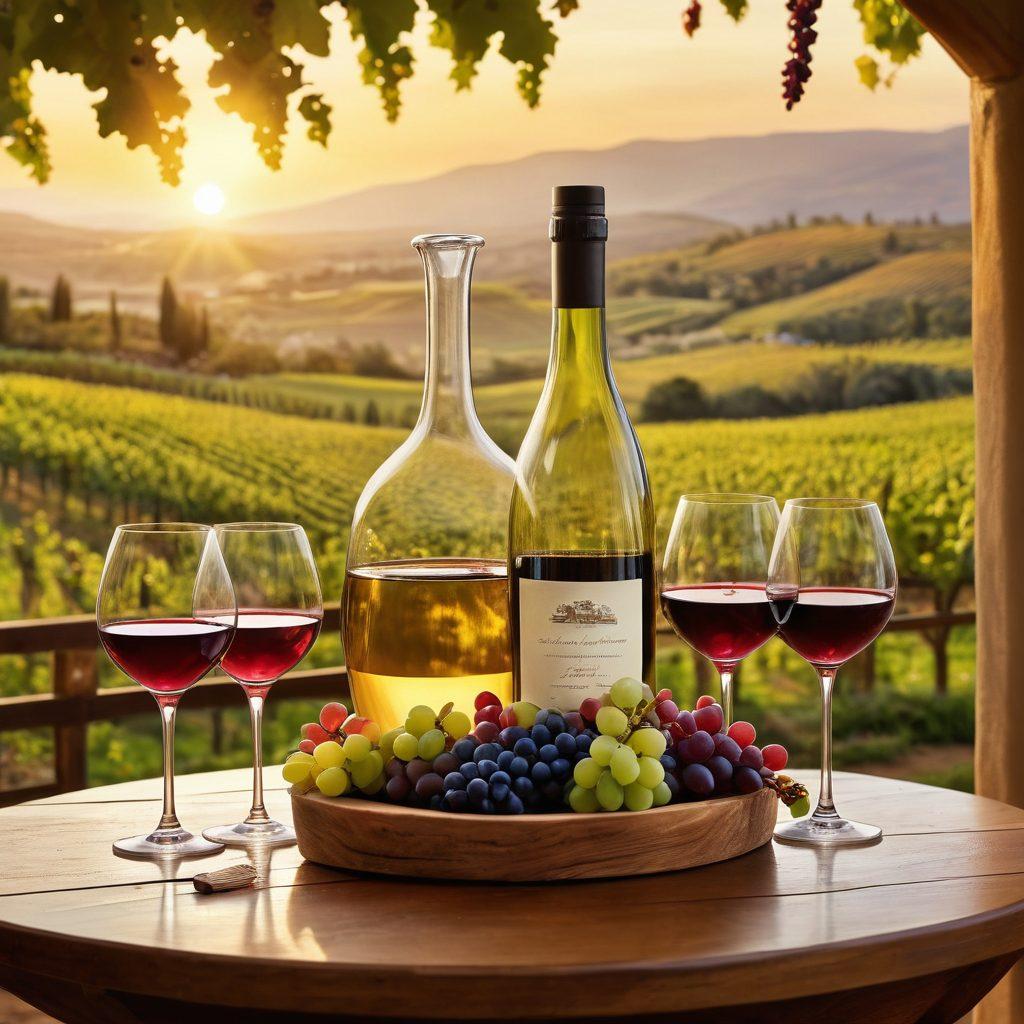 A beautifully arranged wine tasting table featuring an assortment of wine glasses, a decanter, and vibrant grape clusters. The background showcases lush vineyards under a golden sunset, creating an inviting atmosphere. Delicate wine bottle labels are prominent, reflecting the diversity of wine culture. Soft, warm lighting enhances the cozy feel of the scene. painting. vibrant colors. warm tones.