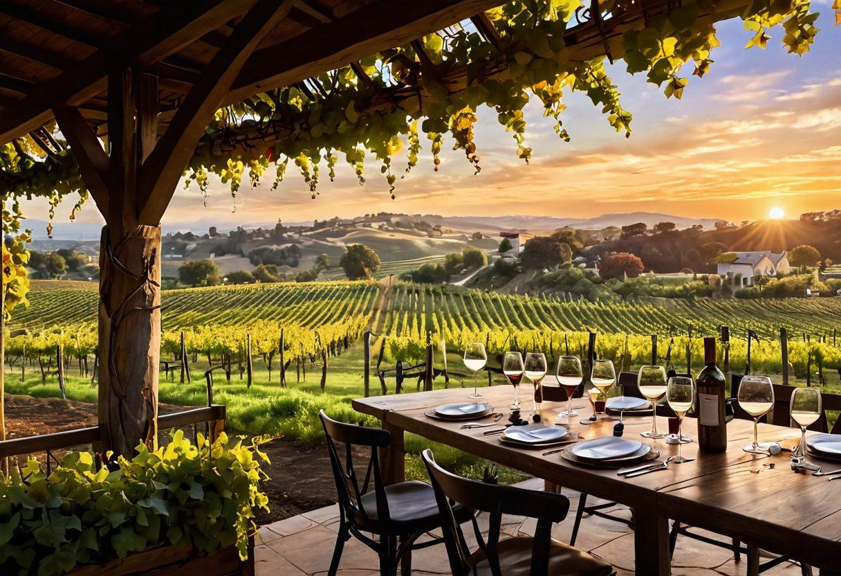 A vibrant vineyard landscape at sunset, showcasing lush grapevines and a cozy tasting room filled with wine glasses and bottles. A diverse group of people, including aspiring wine lovers, engaged in lively discussions, with notes and tasting cards in hand. Soft lighting highlights the warm atmosphere, evoking a sense of community and passion for wine. super-realistic. vibrant colors.